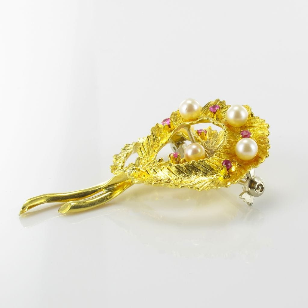 Vintage gold pearl ruby brooch - . Görsel
