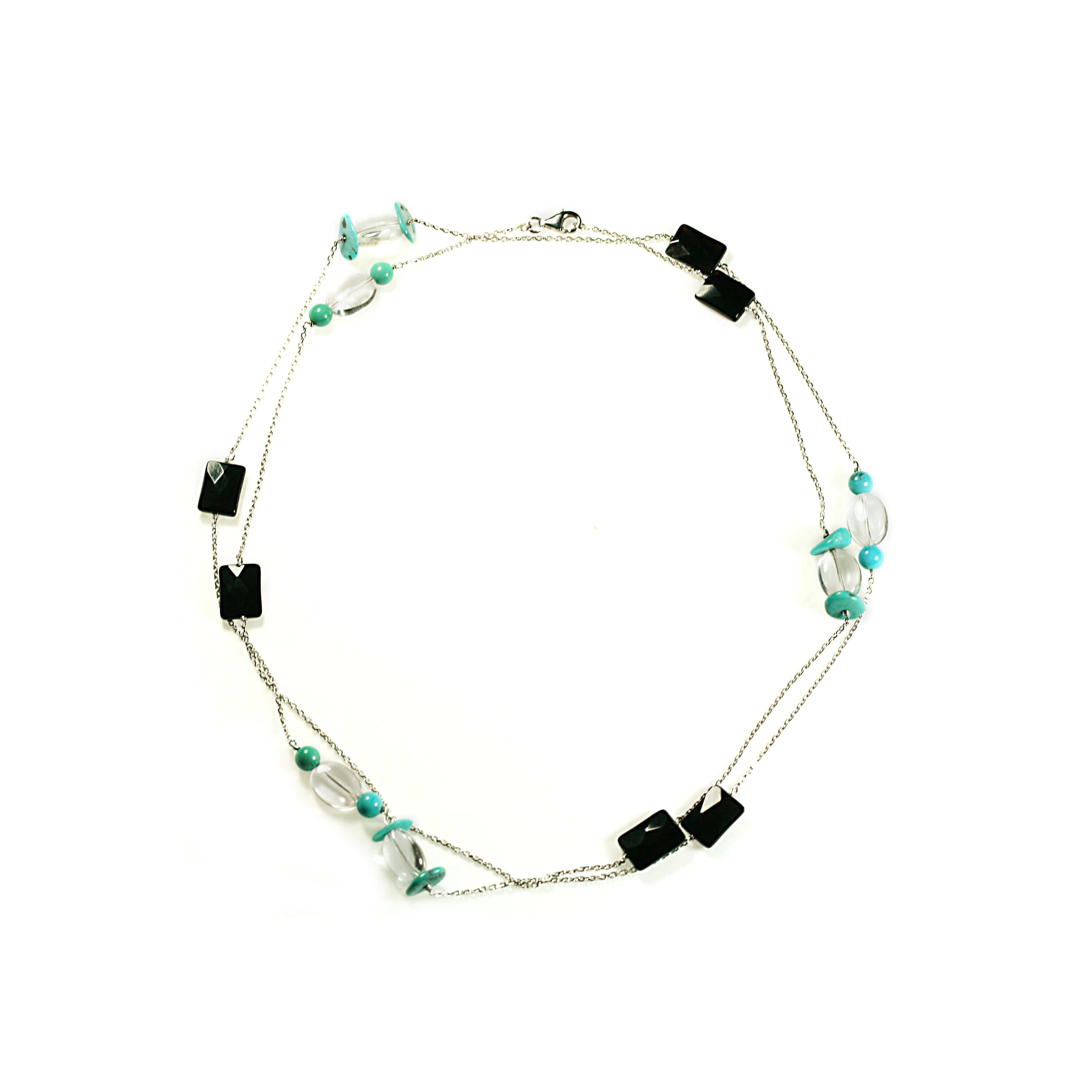 Long Necklace Onyx, Rock Crystal Turquoises 18 Carat White Gold - . Görsel