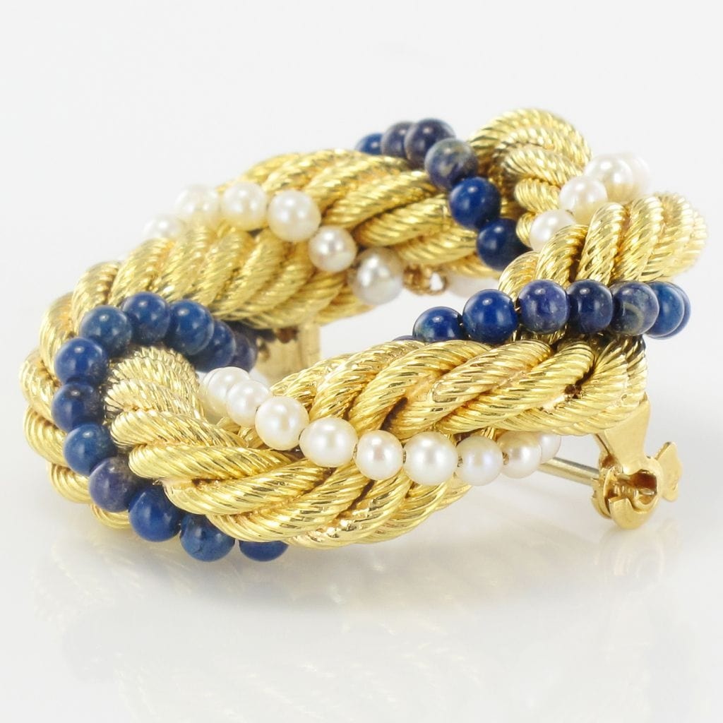 Twisted gold brooch with cultured pearls and lapis lazuli - . Görsel
