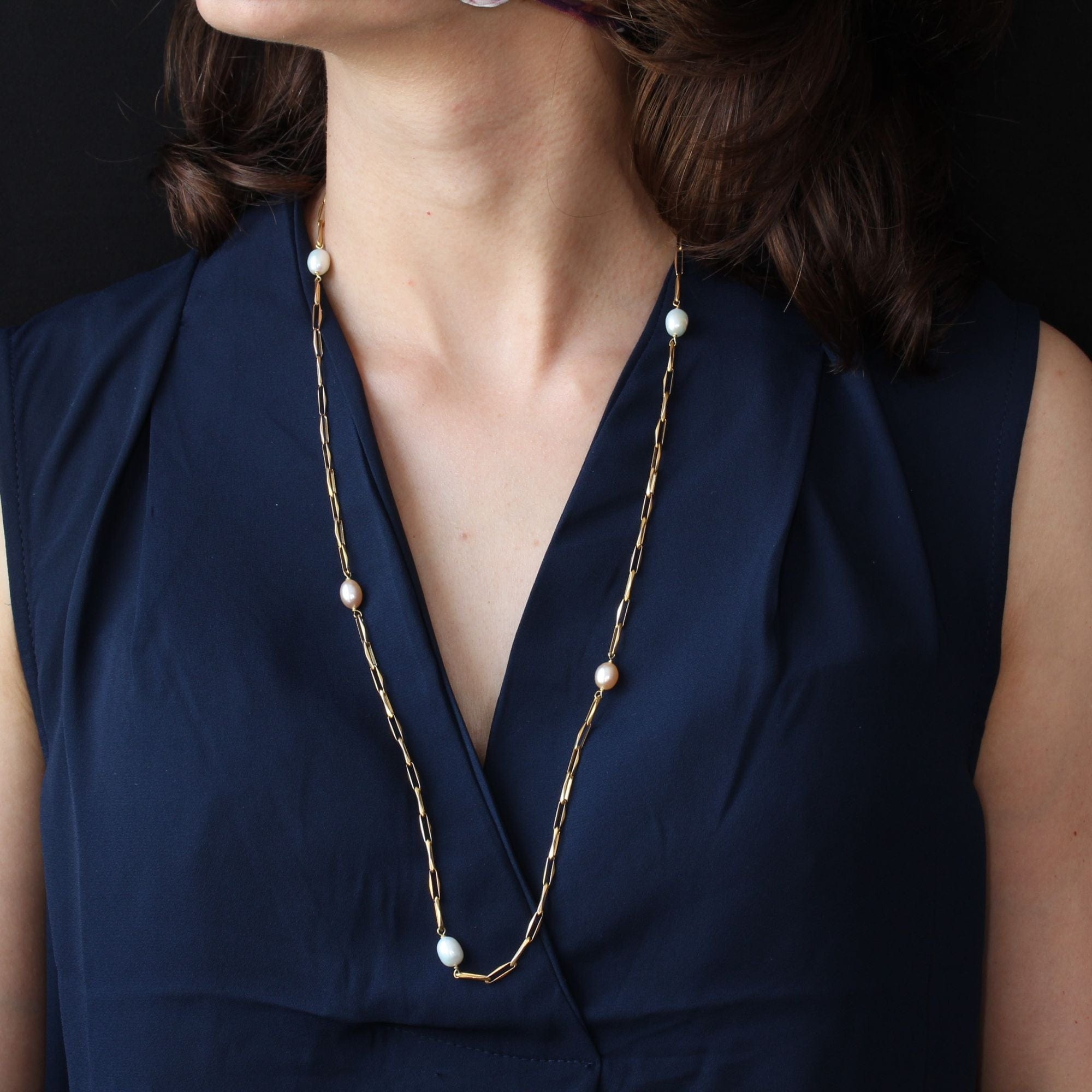 White and pink pearl gold necklace - . Görsel