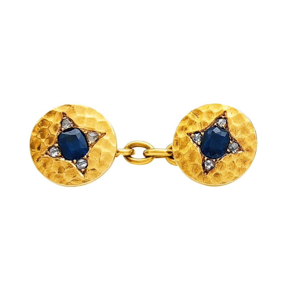 Cufflinks in yellow gold, sapphires and diamonds. - . Görsel