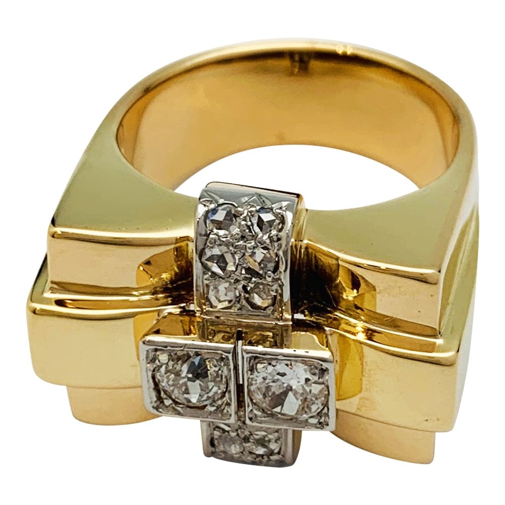 Ring tank in yellow gold platinum and diamonds. - . Görsel