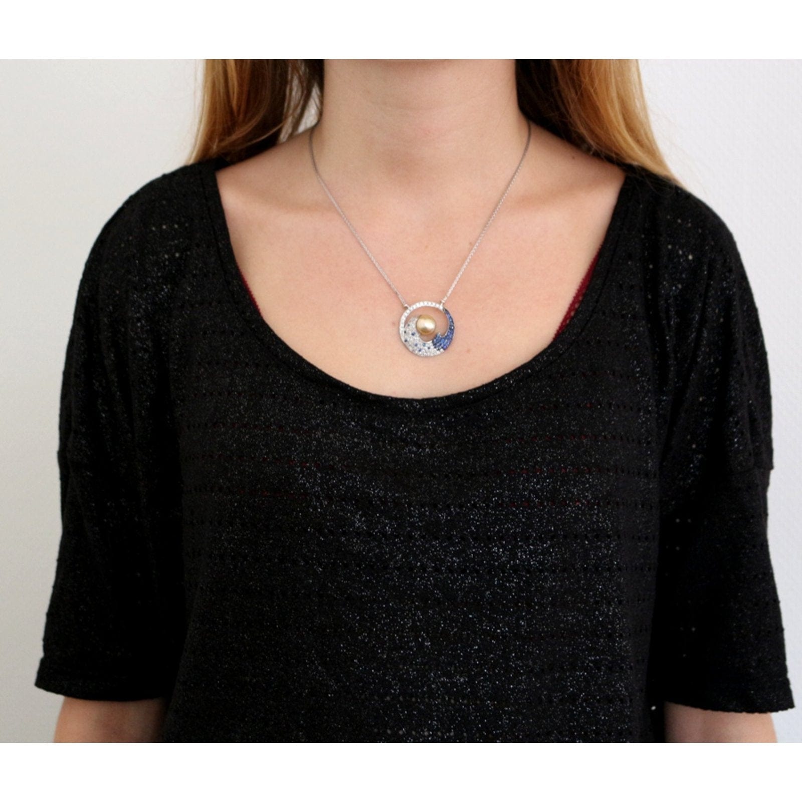 Pearl diamond sapphire pendant chain - . Görsel