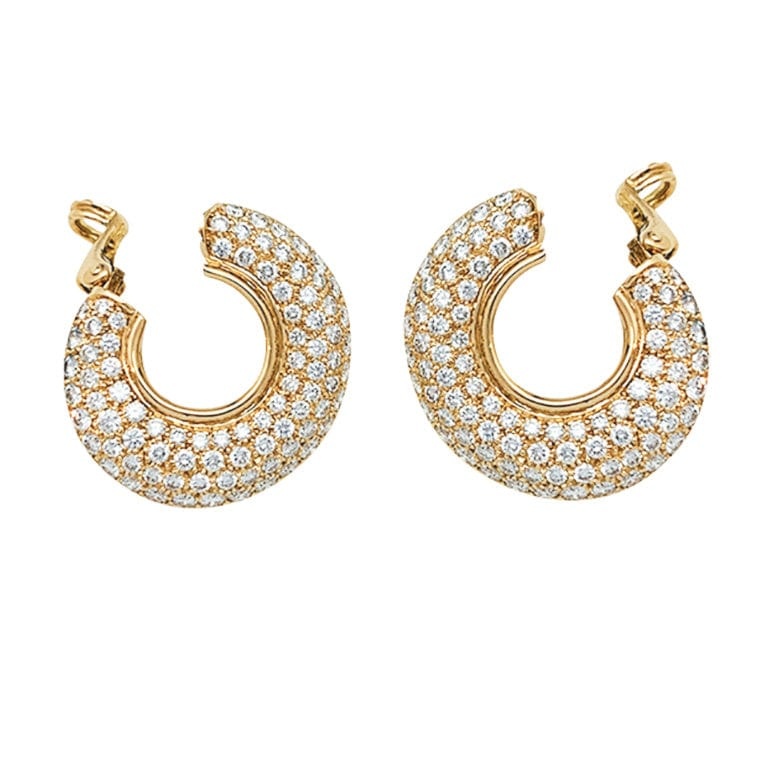 Diamond hoop earrings in yellow gold. - . Görsel