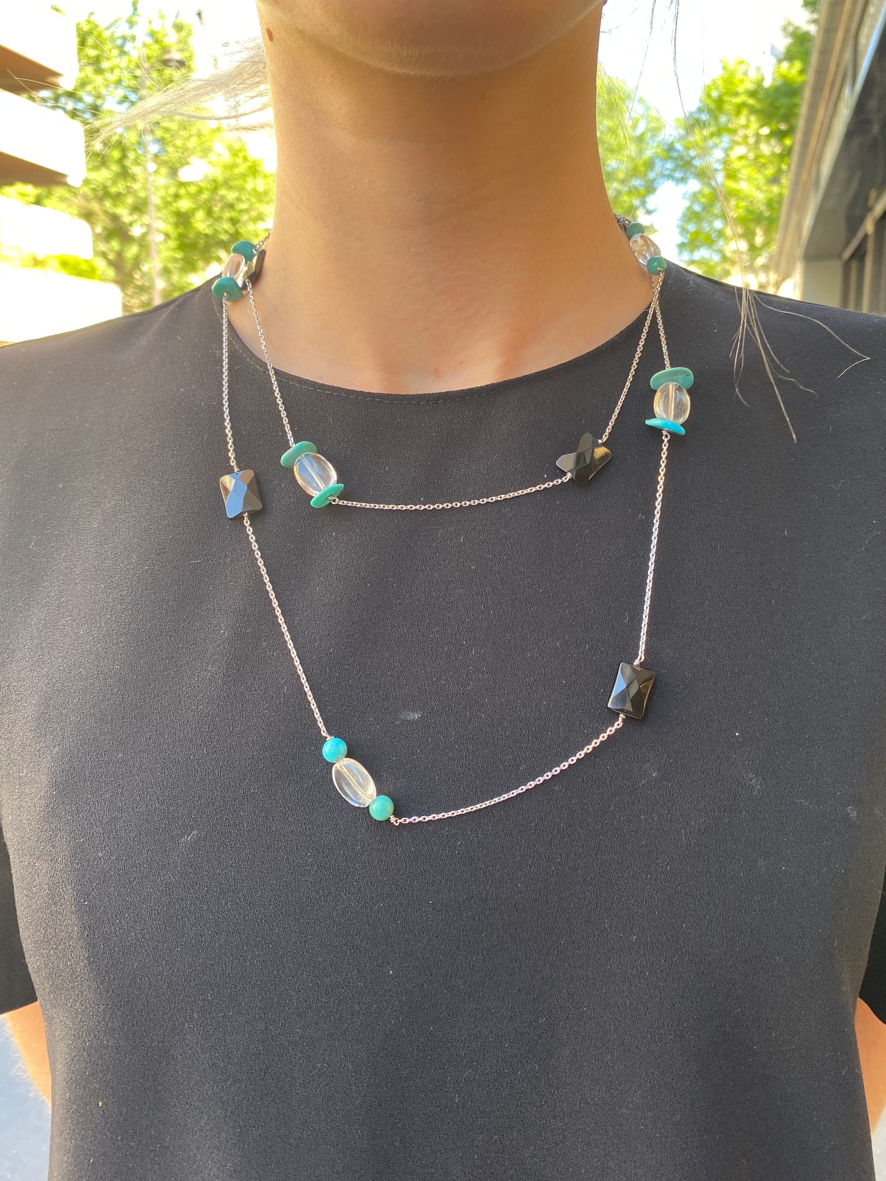 Long Necklace Onyx, Rock Crystal Turquoises 18 Carat White Gold - . Görsel