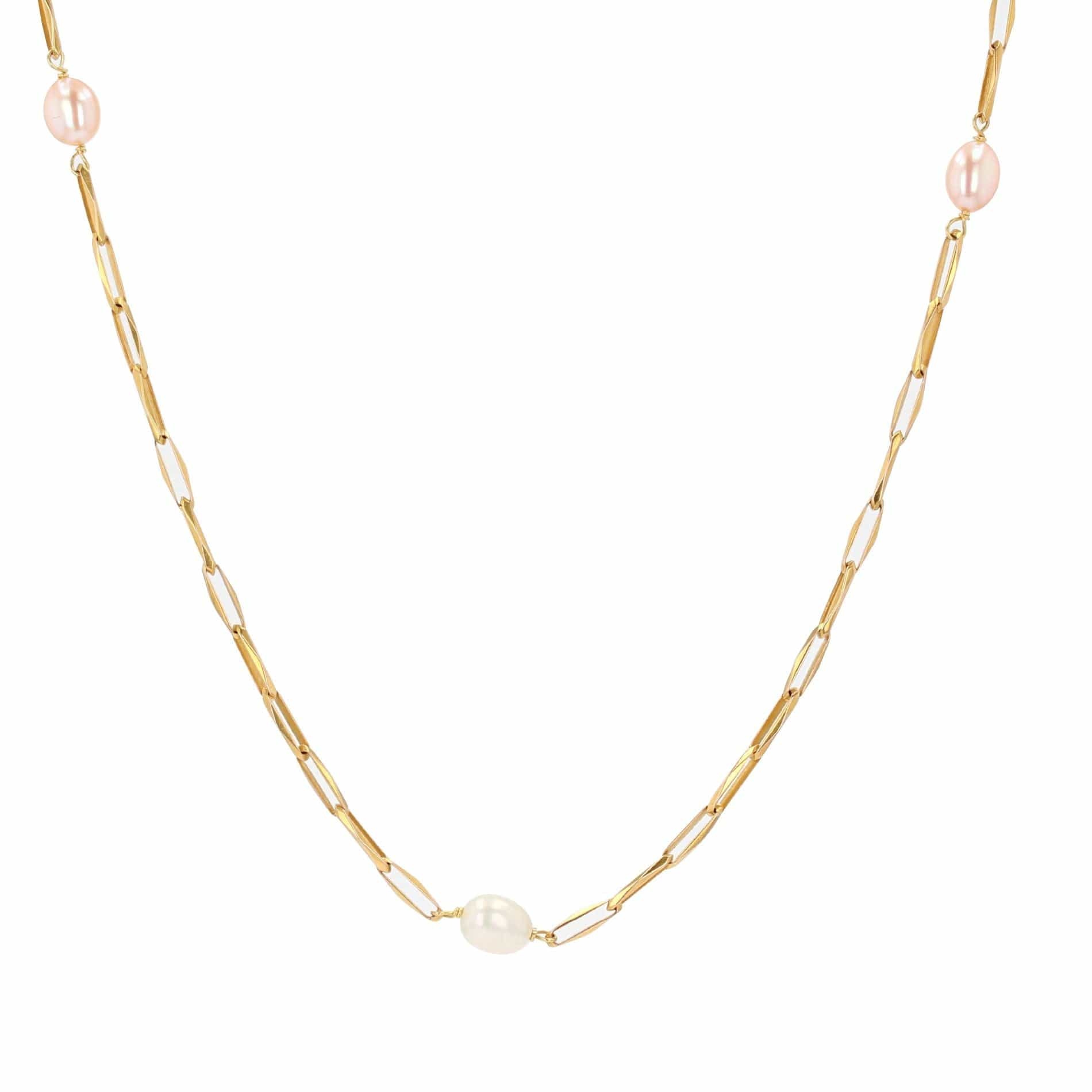 White and pink pearl gold necklace - . Görsel