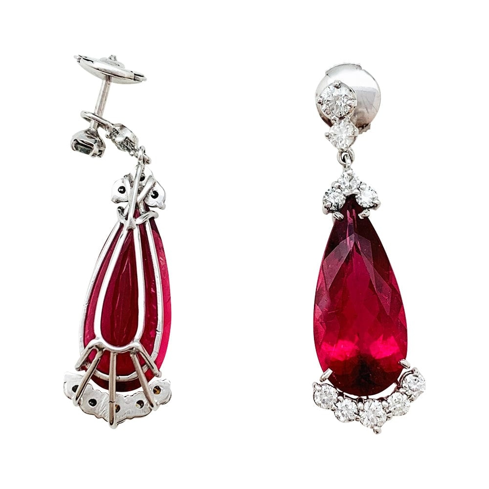 Rubellite and diamond drop earrings. - . Görsel