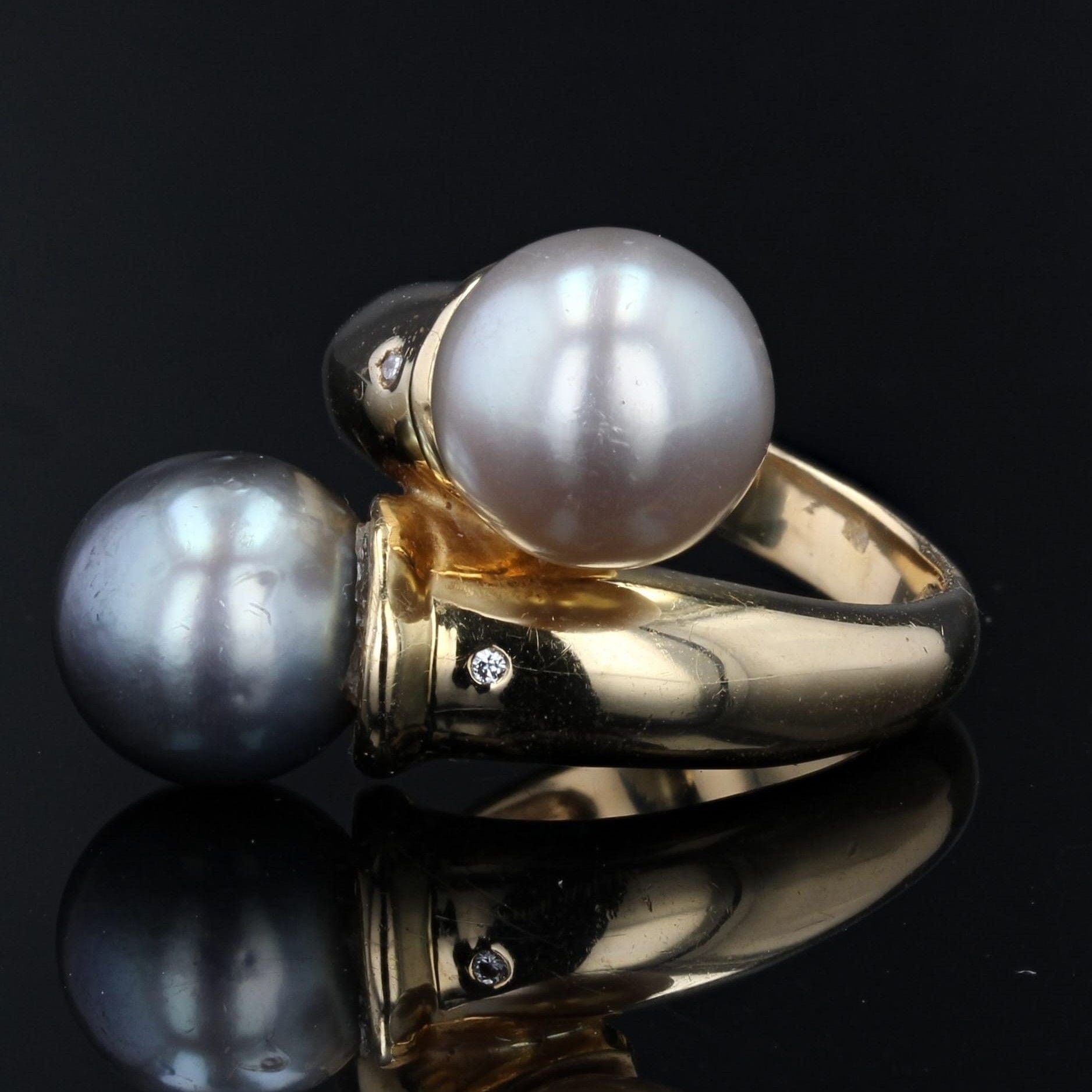White pearl and gray pearl diamond duo ring - . Görsel