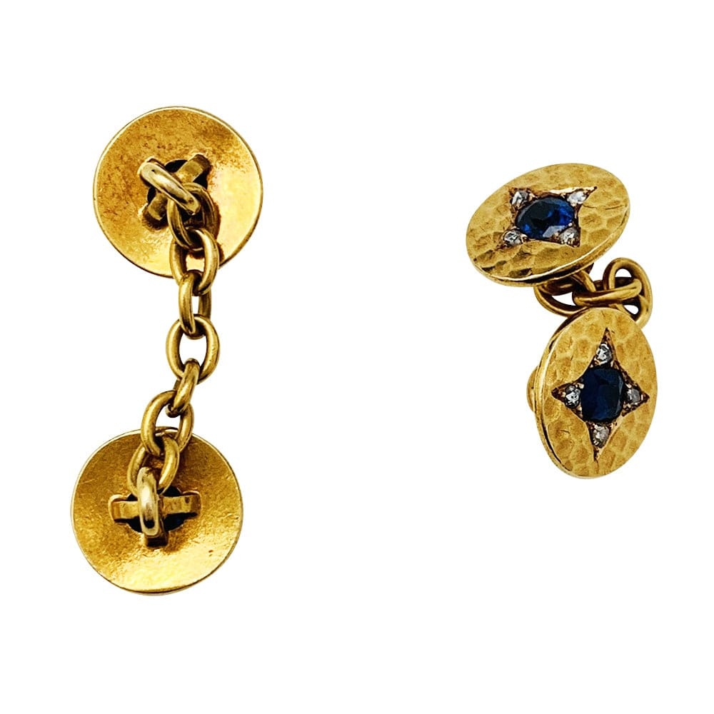 Cufflinks in yellow gold, sapphires and diamonds. - . Görsel