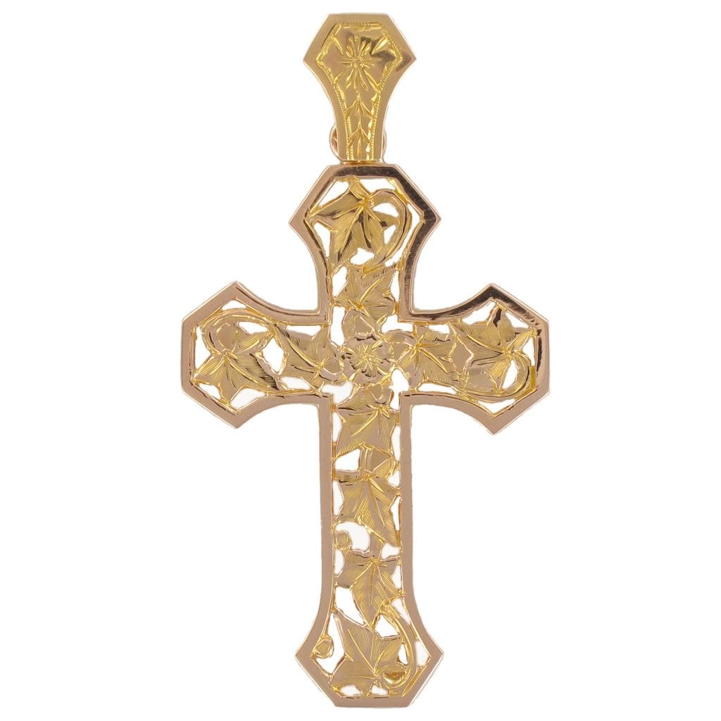 Gold cross and ivy leaves - . Görsel