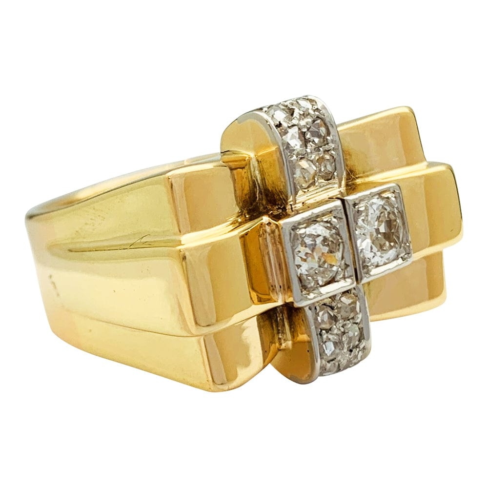 Ring tank in yellow gold platinum and diamonds. - . Görsel