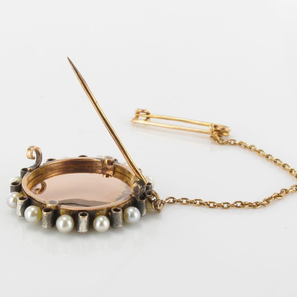 Old miniature fine pearl and diamond brooch - . Görsel