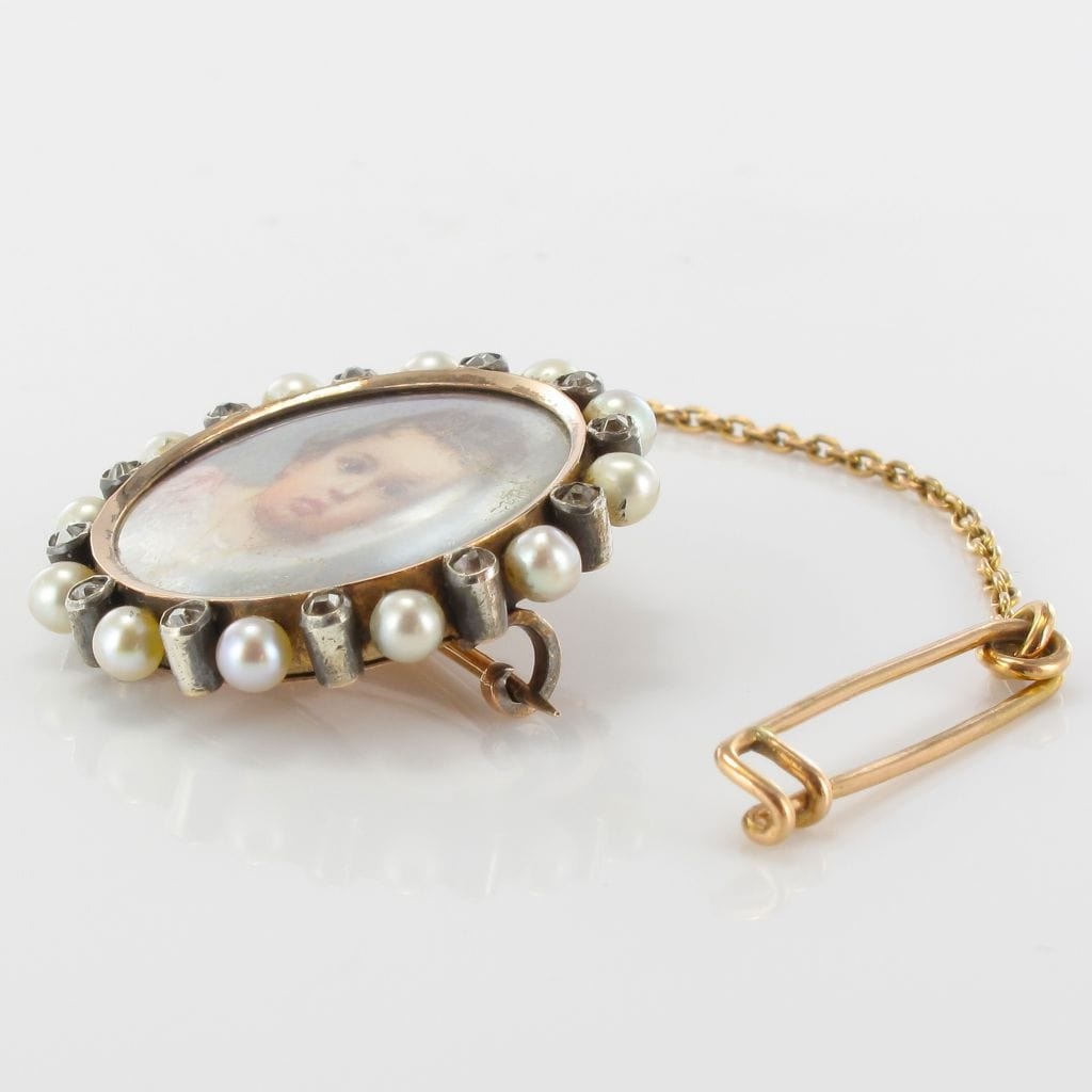 Old miniature fine pearl and diamond brooch - . Görsel