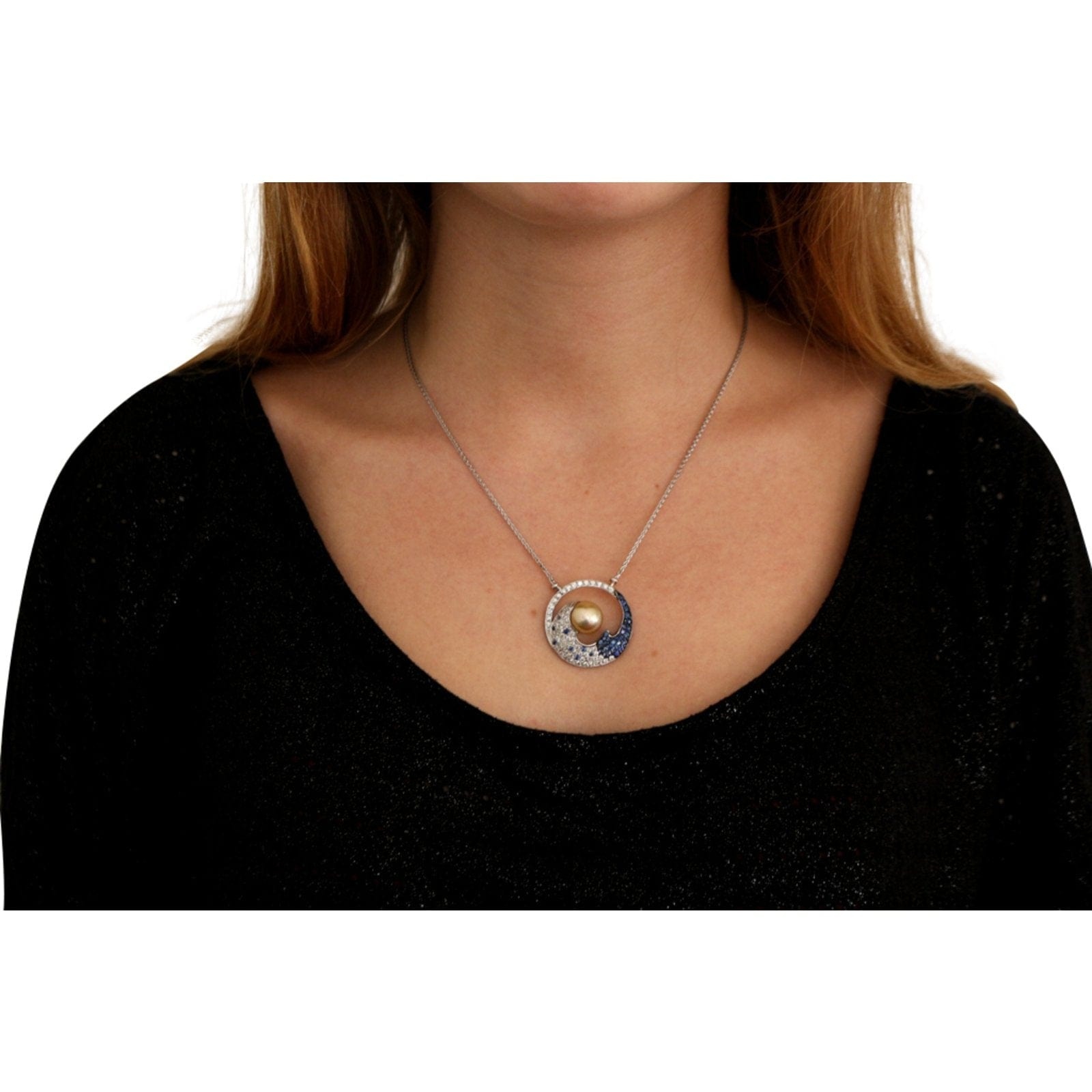 Pearl diamond sapphire pendant chain - . Görsel