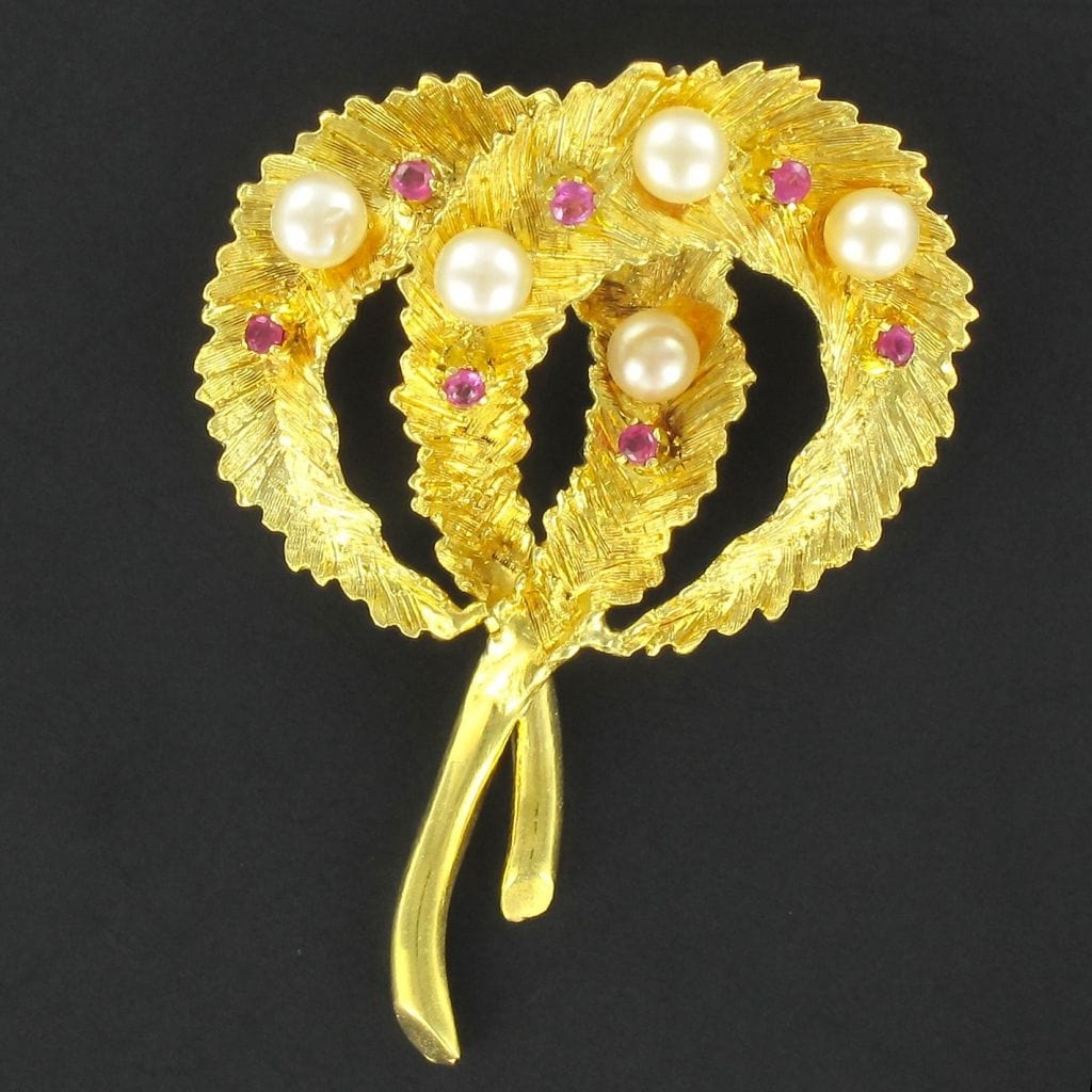 Vintage gold pearl ruby brooch - . Görsel