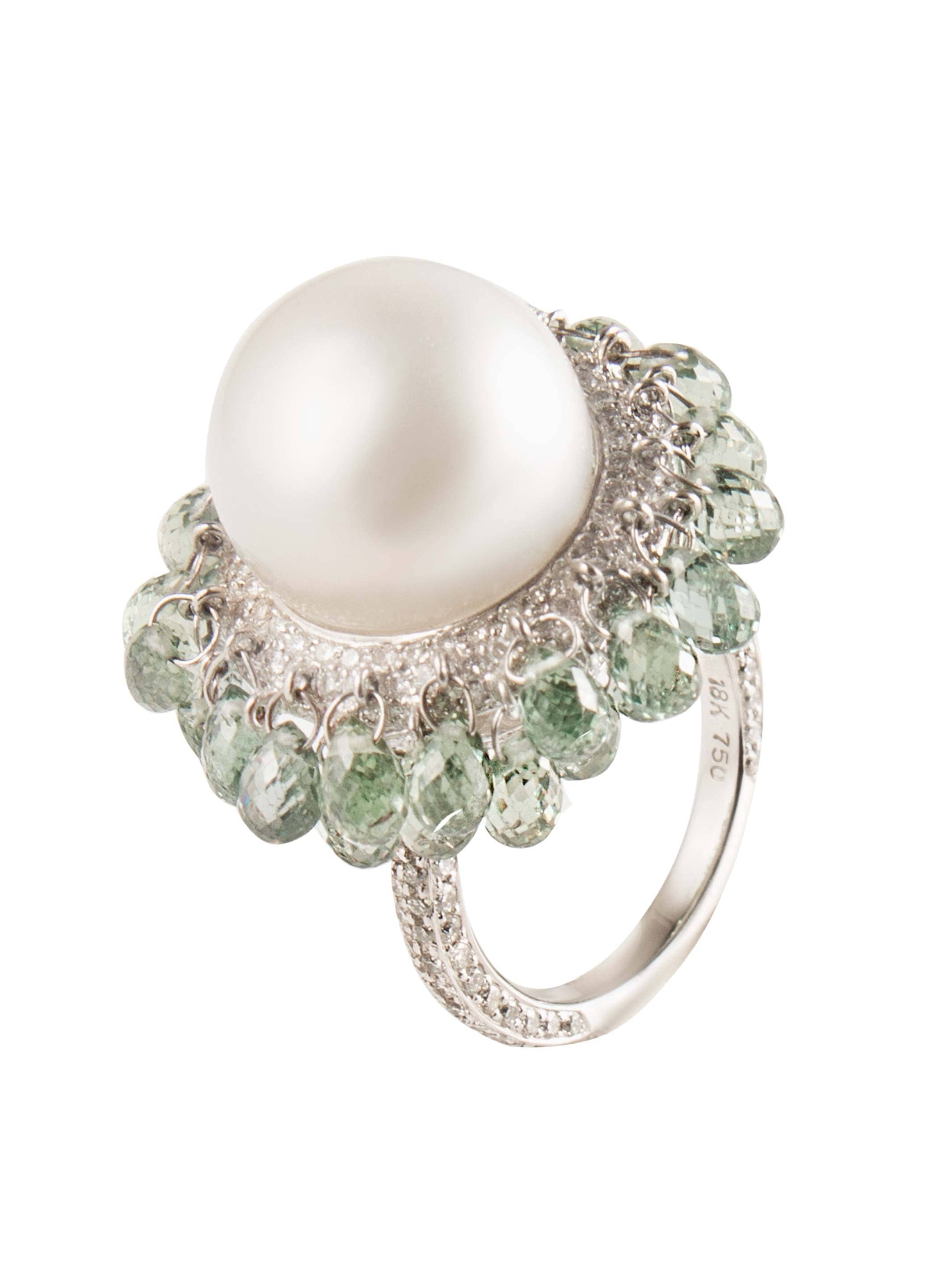Ring in white gold, pearl, diamonds, and green tourmalines