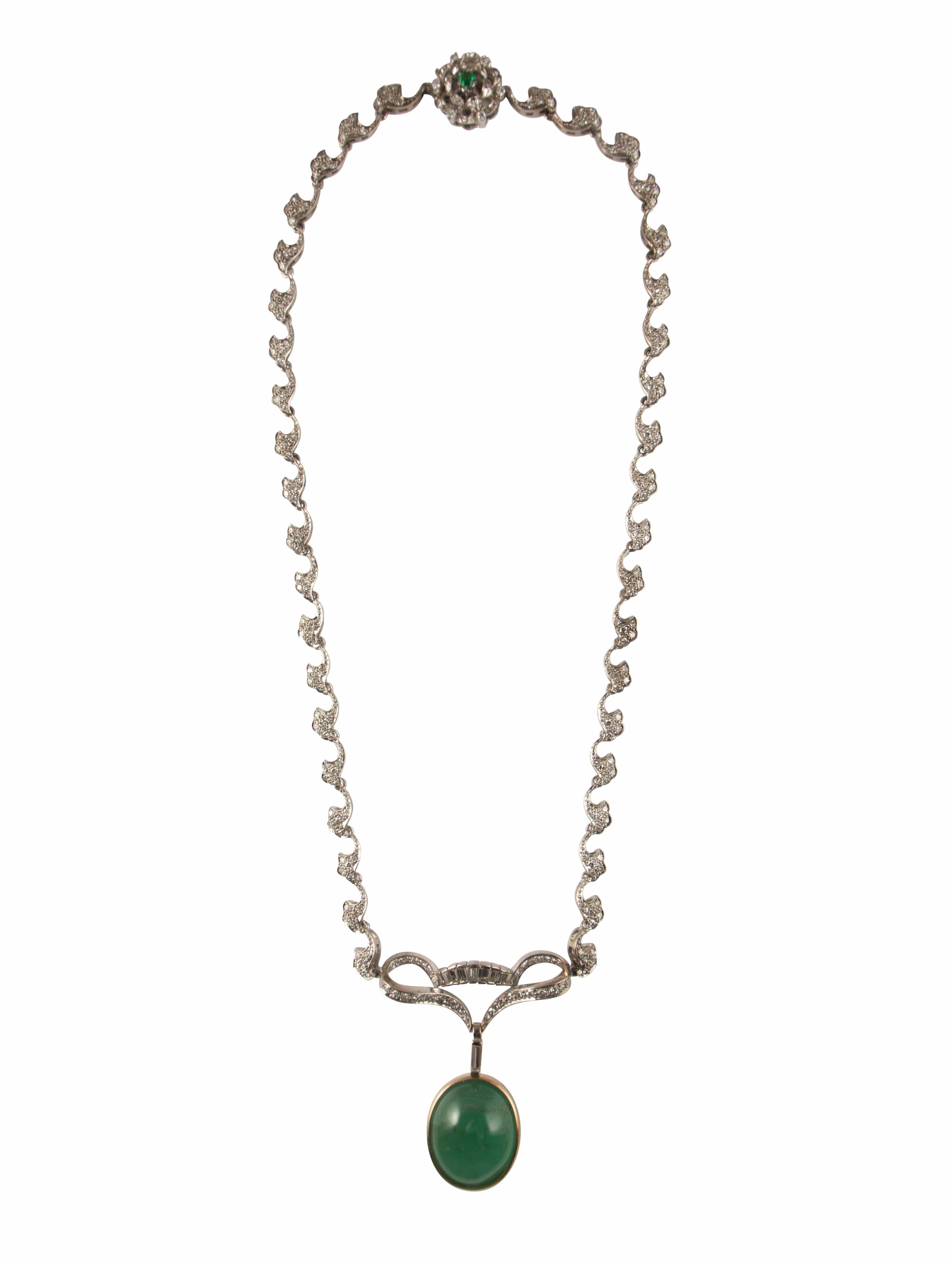 Two Gold, Emerald Cabochon & Paving Diamonds Necklace