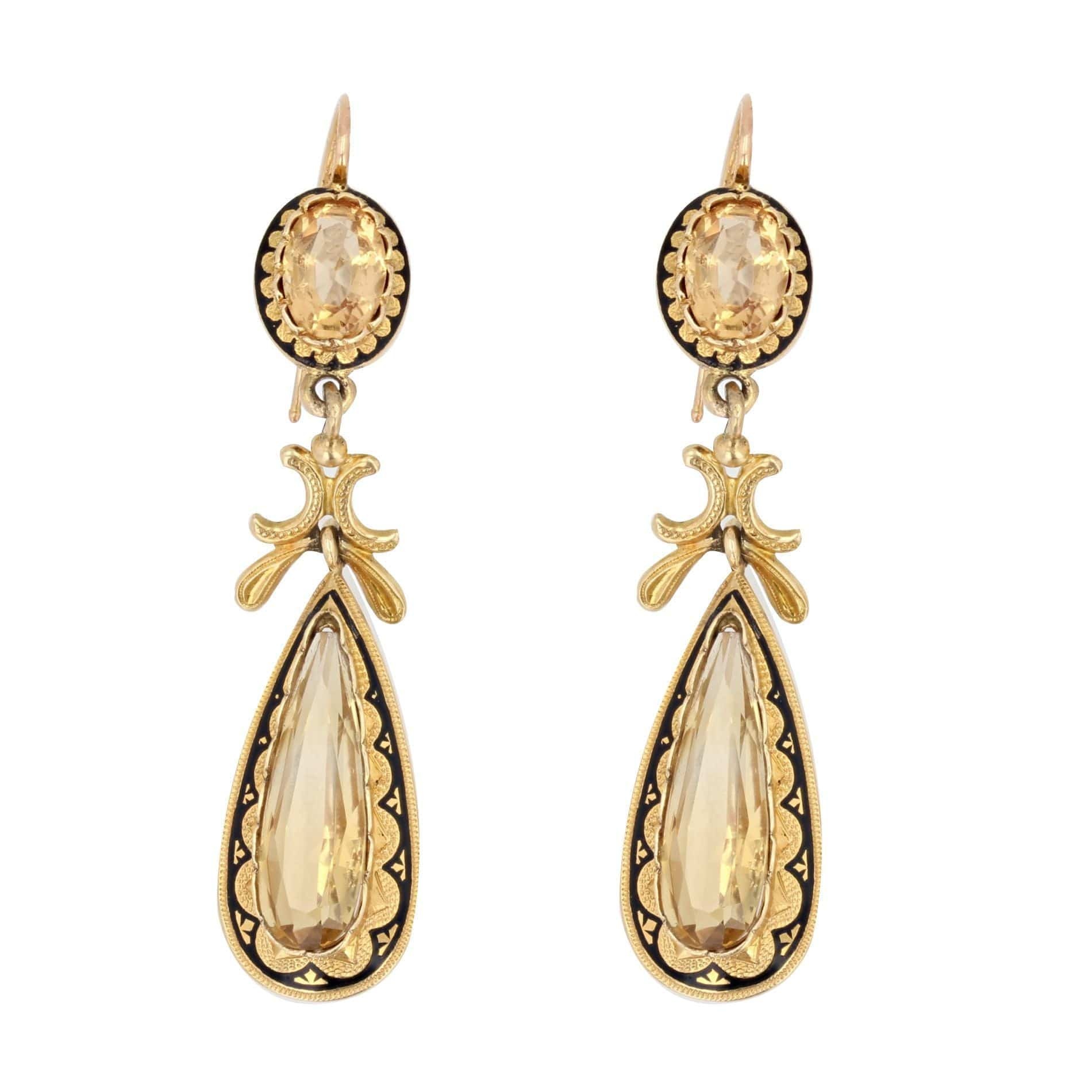 Antique citrine and black enamel pendant earrings