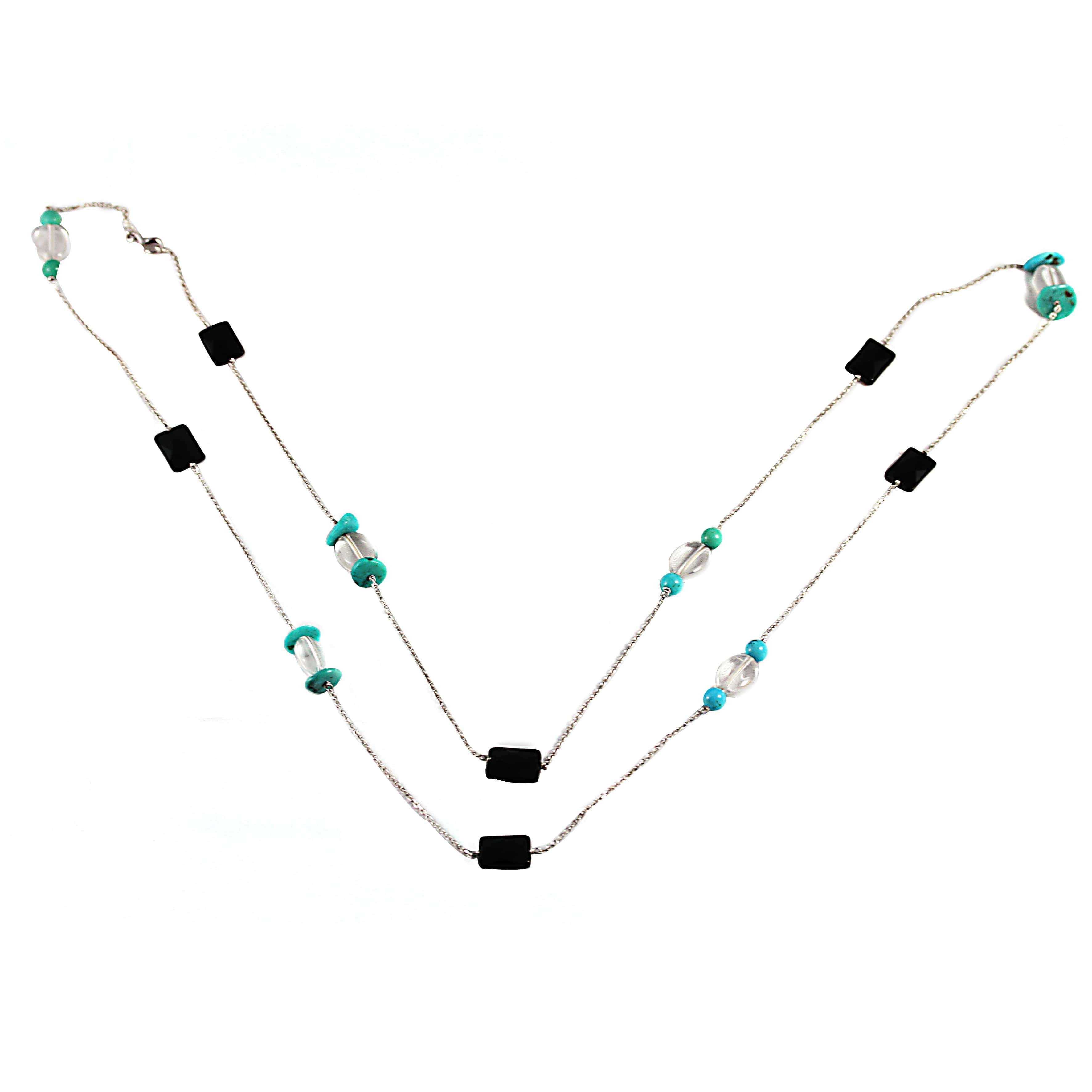 Long Necklace Onyx, Rock Crystal Turquoises 18 Carat White Gold