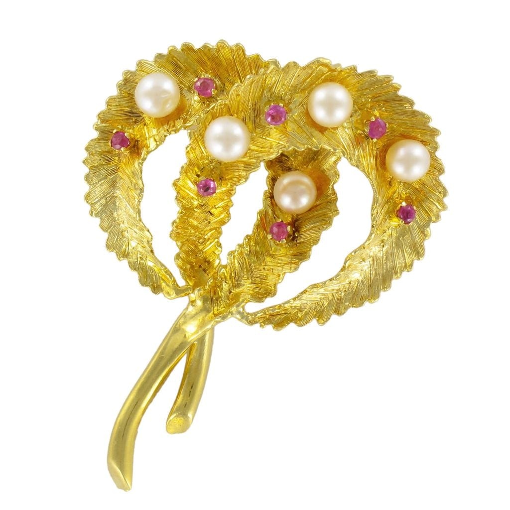 Vintage gold pearl ruby brooch