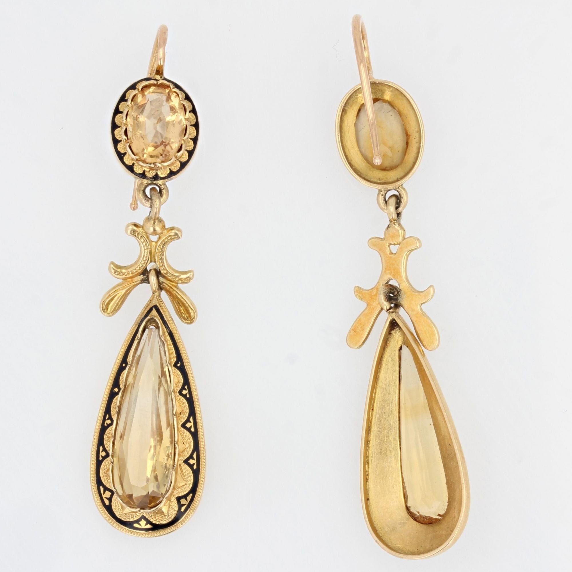 Antique citrine and black enamel pendant earrings - . Görsel