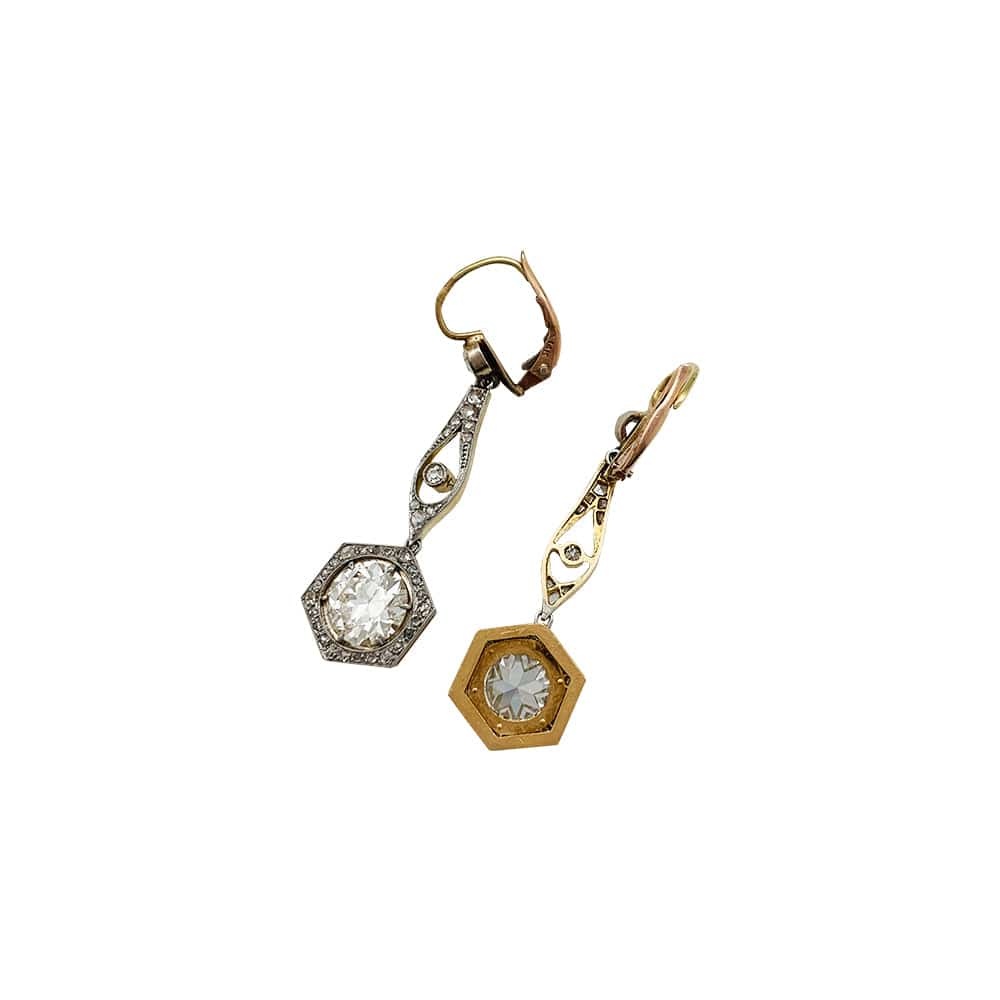 Dangling earrings 1900 platinum, gold and diamonds. - . Görsel
