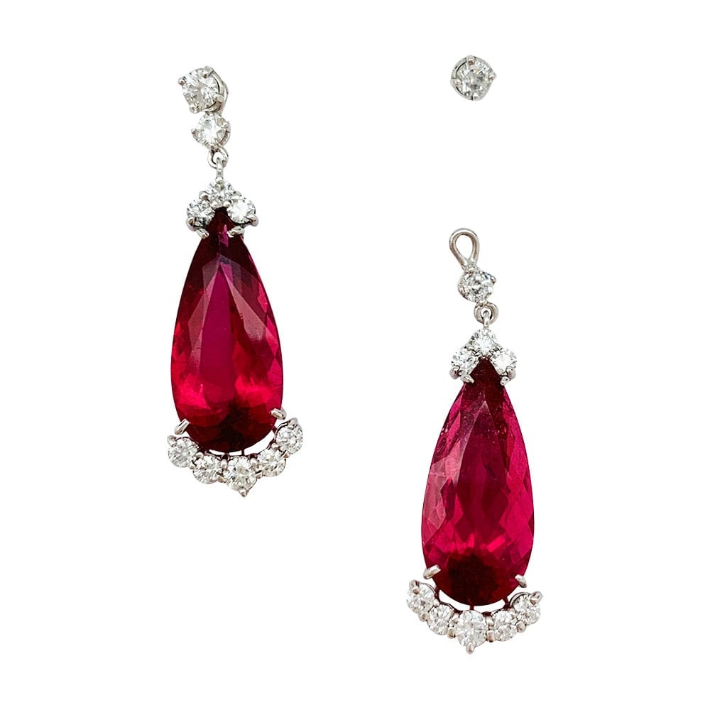 Rubellite and diamond drop earrings. - . Görsel