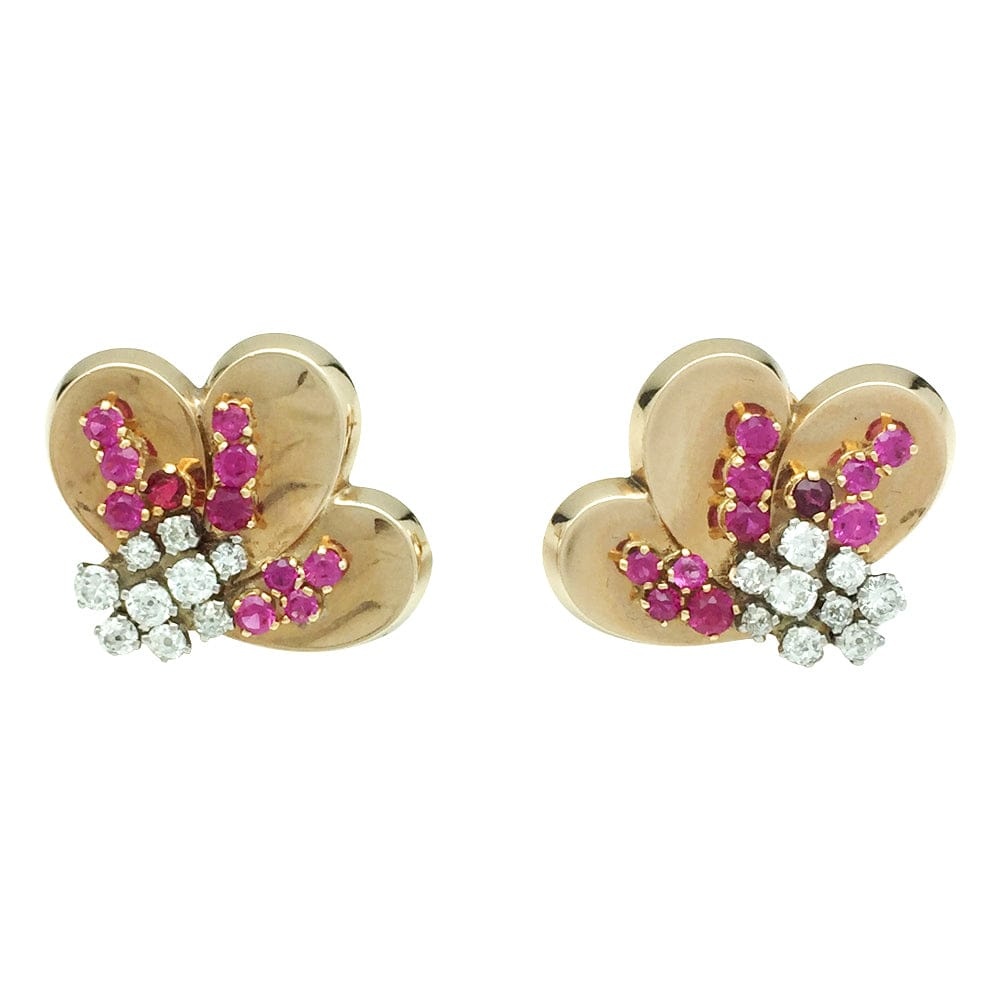 1940s rose gold earrings with red stones, brilliants. - . Görsel