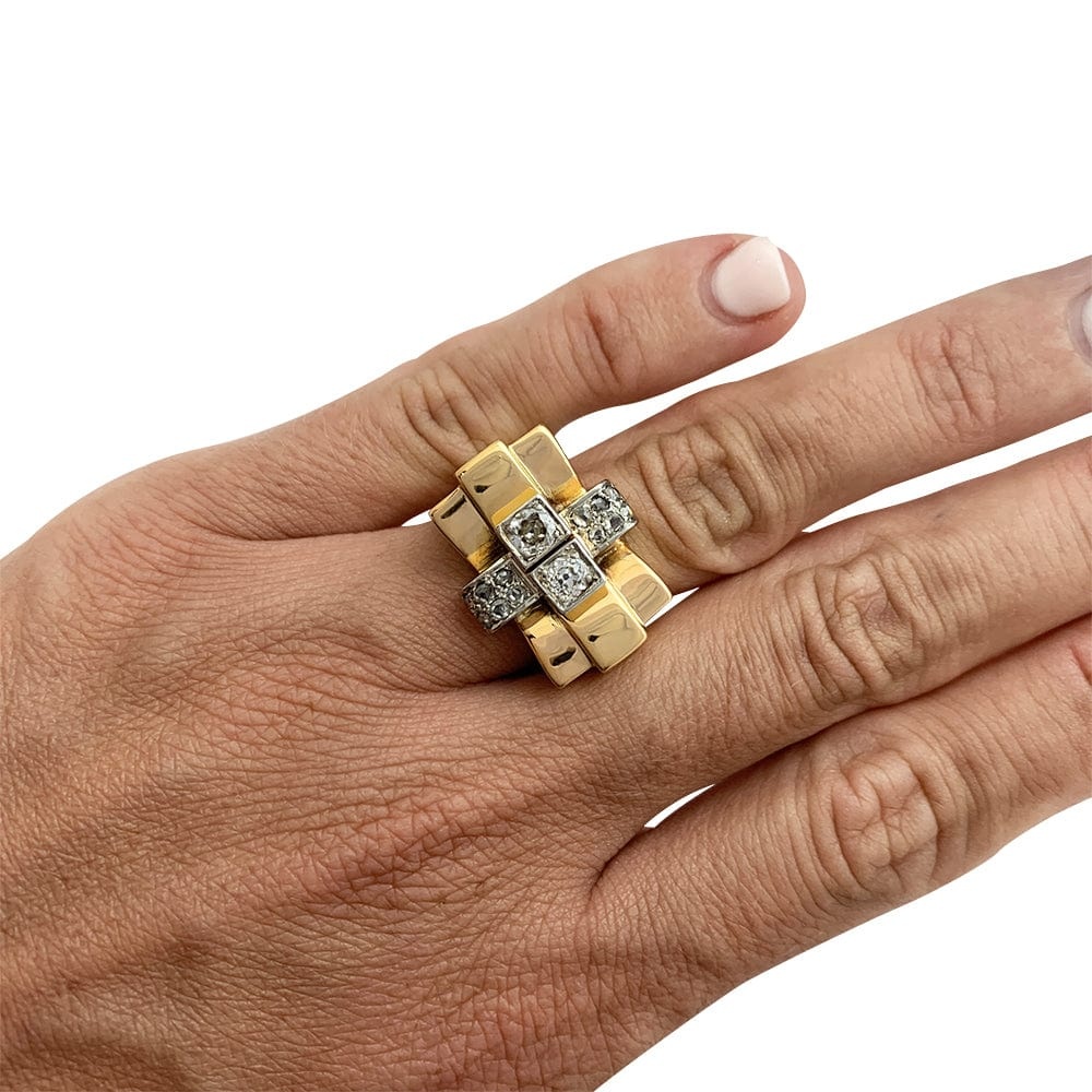 Ring tank in yellow gold platinum and diamonds. - . Görsel