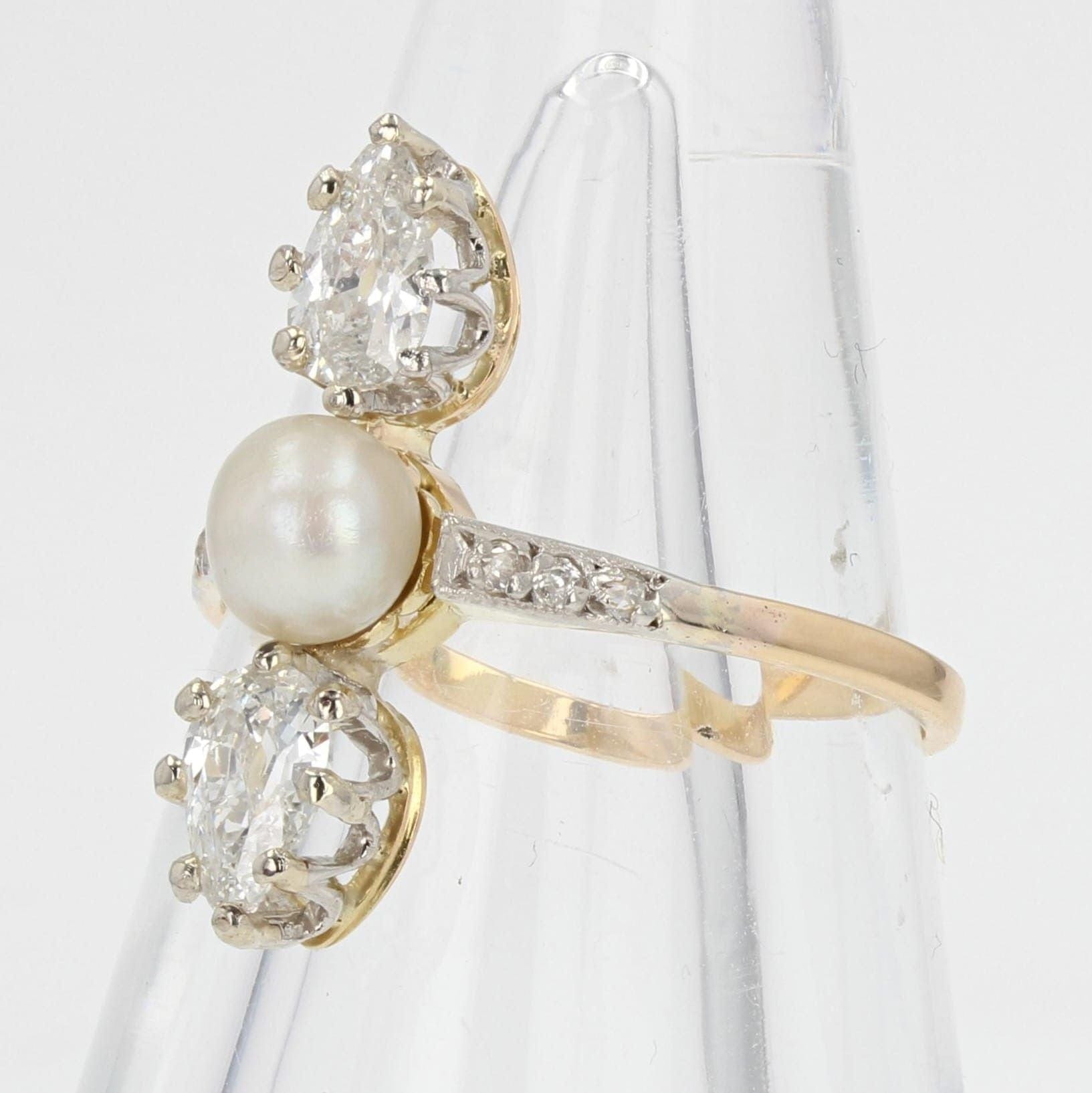 Old fine pearl and pear diamond ring - . Görsel