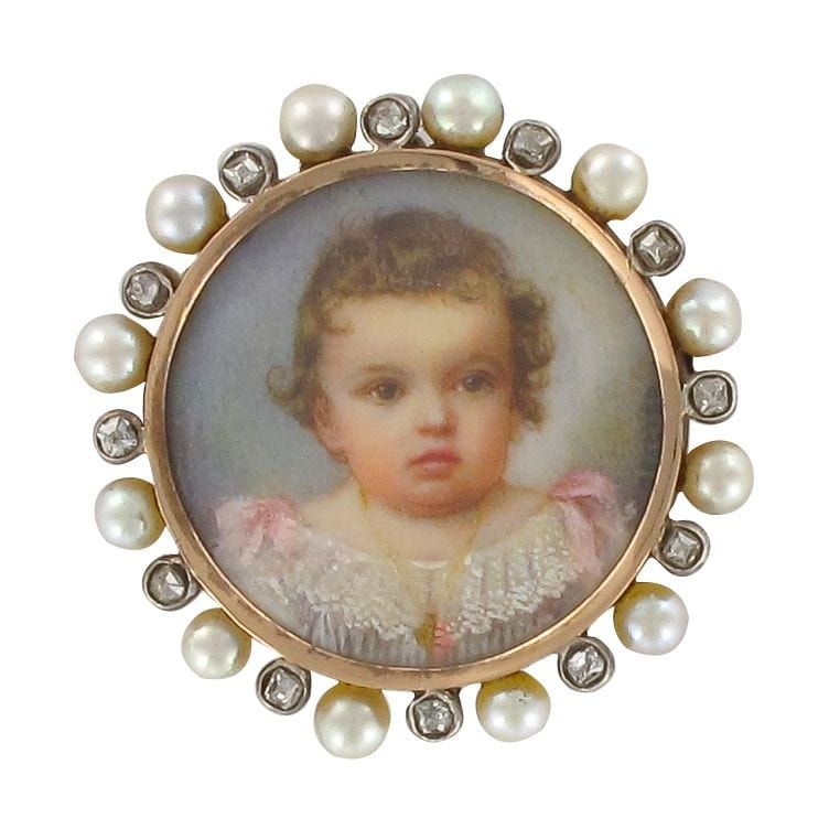 Old miniature fine pearl and diamond brooch - . Görsel