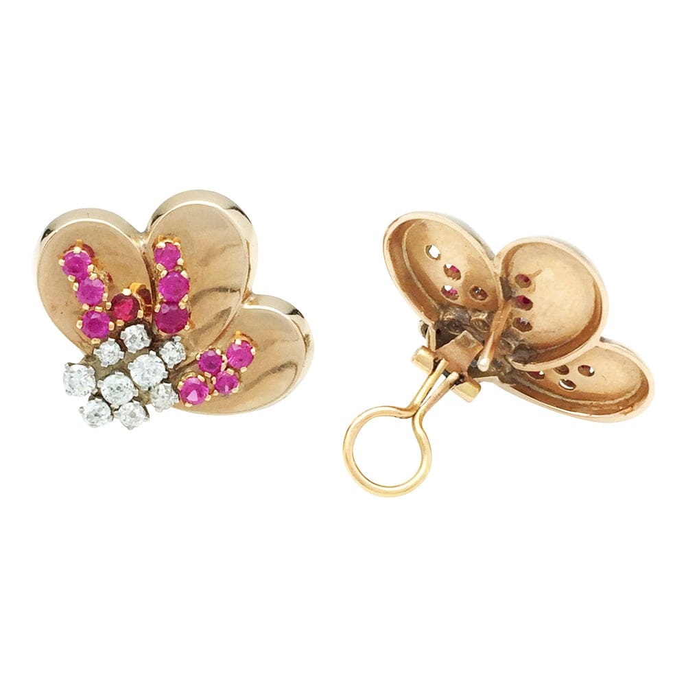 1940s rose gold earrings with red stones, brilliants. - . Görsel